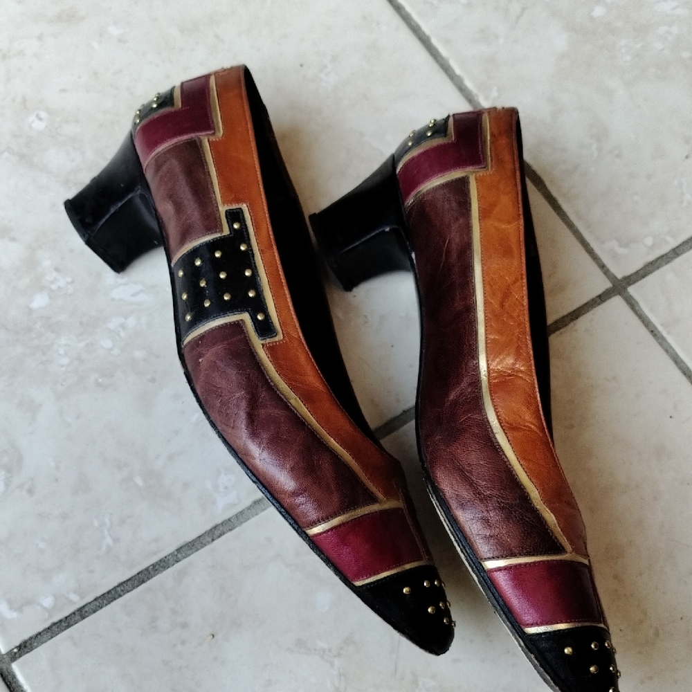 Vintage Jerrold Leather Patchwork Studded Pumps Womens Multicolor Low Block Heel - Picture 4 of 5